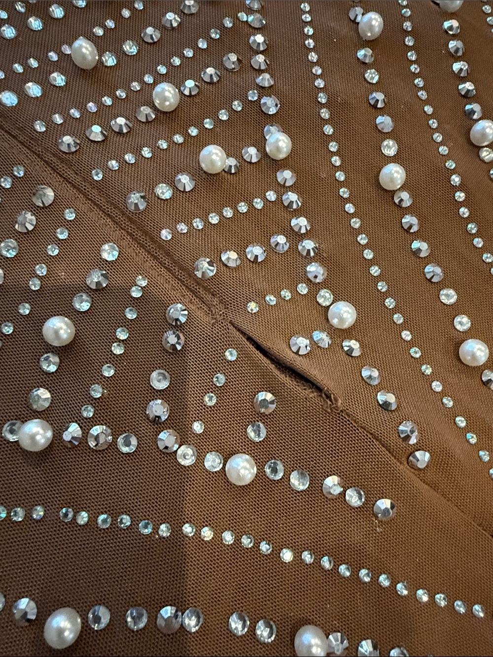 Banjul Tan Long Sleeve Crystal-Embellished Evening Gown - Picture 8 of 8